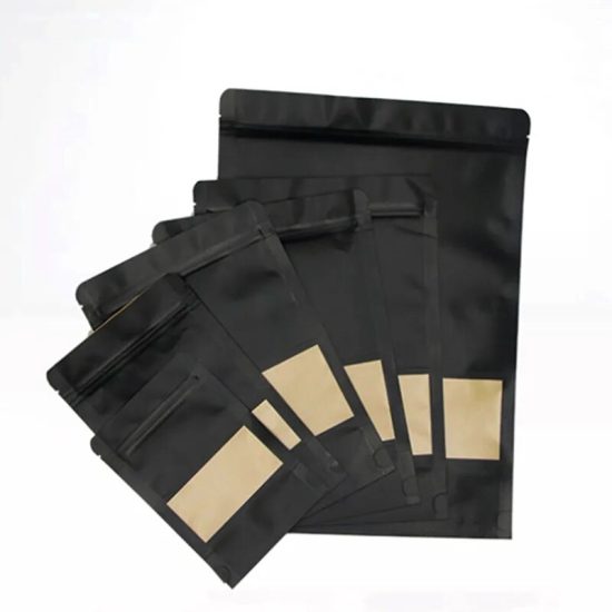 Black Kraft Paper Stand Up Zip Lock Bags With Window Resealable Biscuits Coffee Bean Snacks Craft Paper Packaging Pouches - Image 3