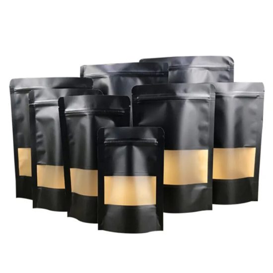 Black Kraft Paper Stand Up Zip Lock Bags With Window Resealable Biscuits Coffee Bean Snacks Craft Paper Packaging Pouches - Image 2